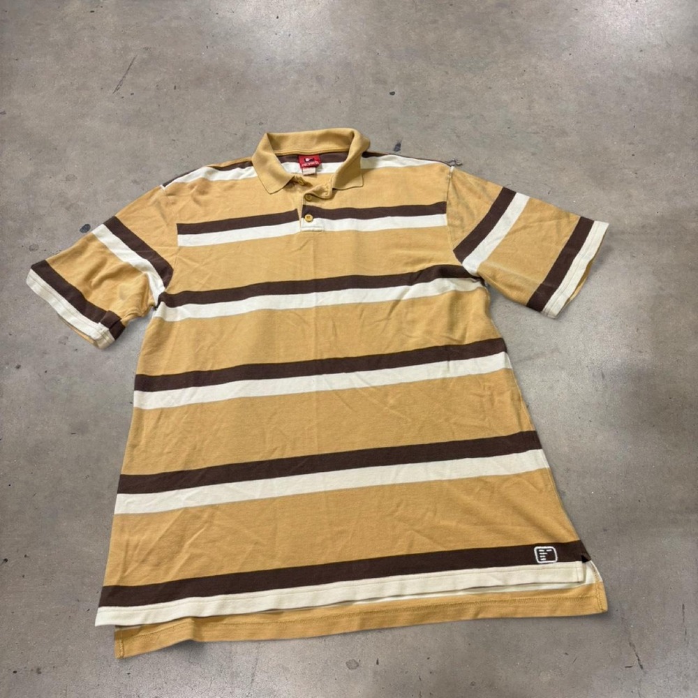Re:verb Y2K Brown Striped Baggy Polo Shirt Mens Large 100% Cotton